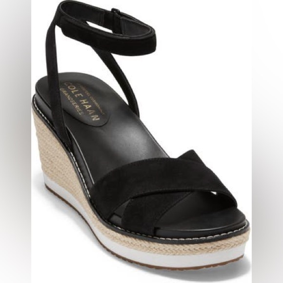 Cole Haan Cloudfeel Espadrille Black Suede Wedge Sandal Size 8 B NIB - Picture 1 of 6